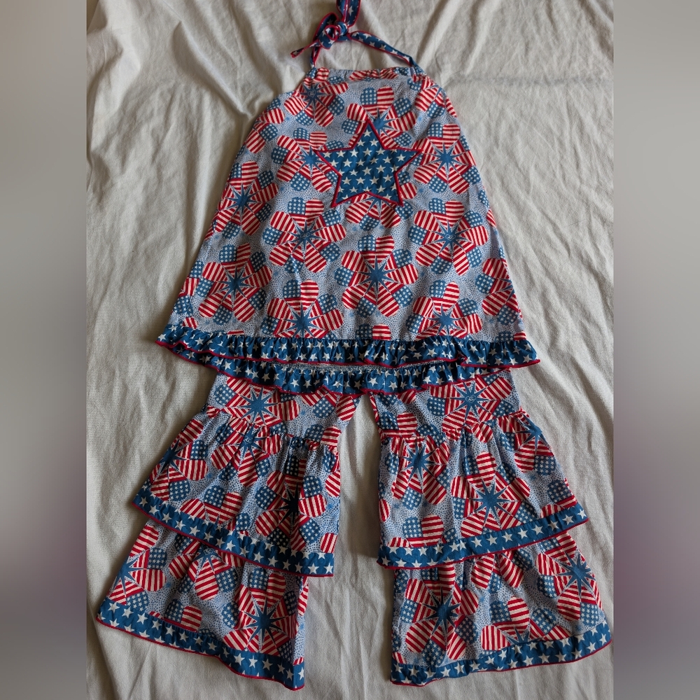 Ann Loren 4th Of July American Flag Outfit Ruffle Pants And Halter Top Sz 7/8